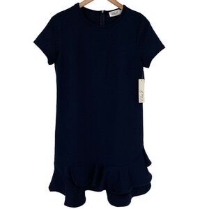 Eliza J Textured Short Sleeve Ruffle Hem Sheath‎ Dress Above Knee Women 4 Navy